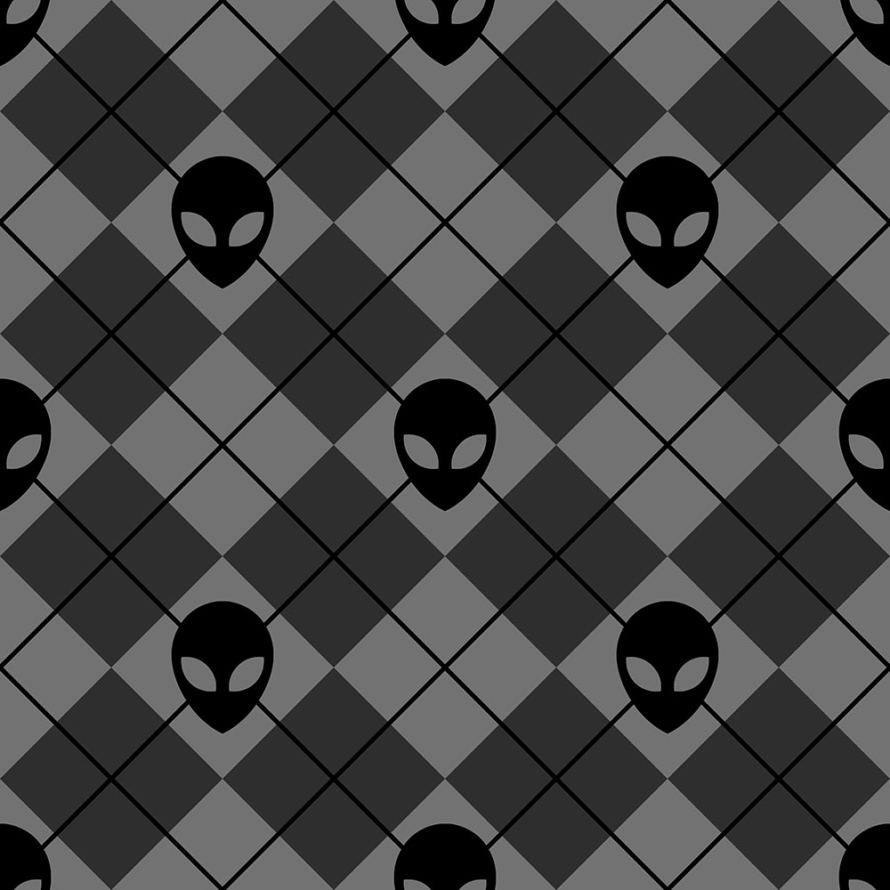 Repeating gray diamond pattern with black alien head icons evenly spaced across the design.